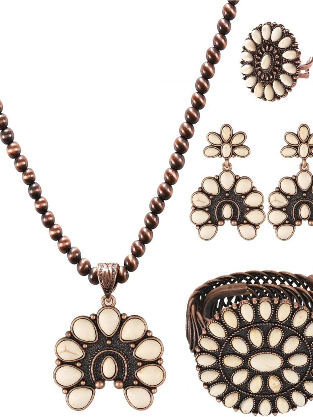 4 PCS Western Turquoise Jewelry for Women Boho Vintage Navajo Pearl Necklace Ear